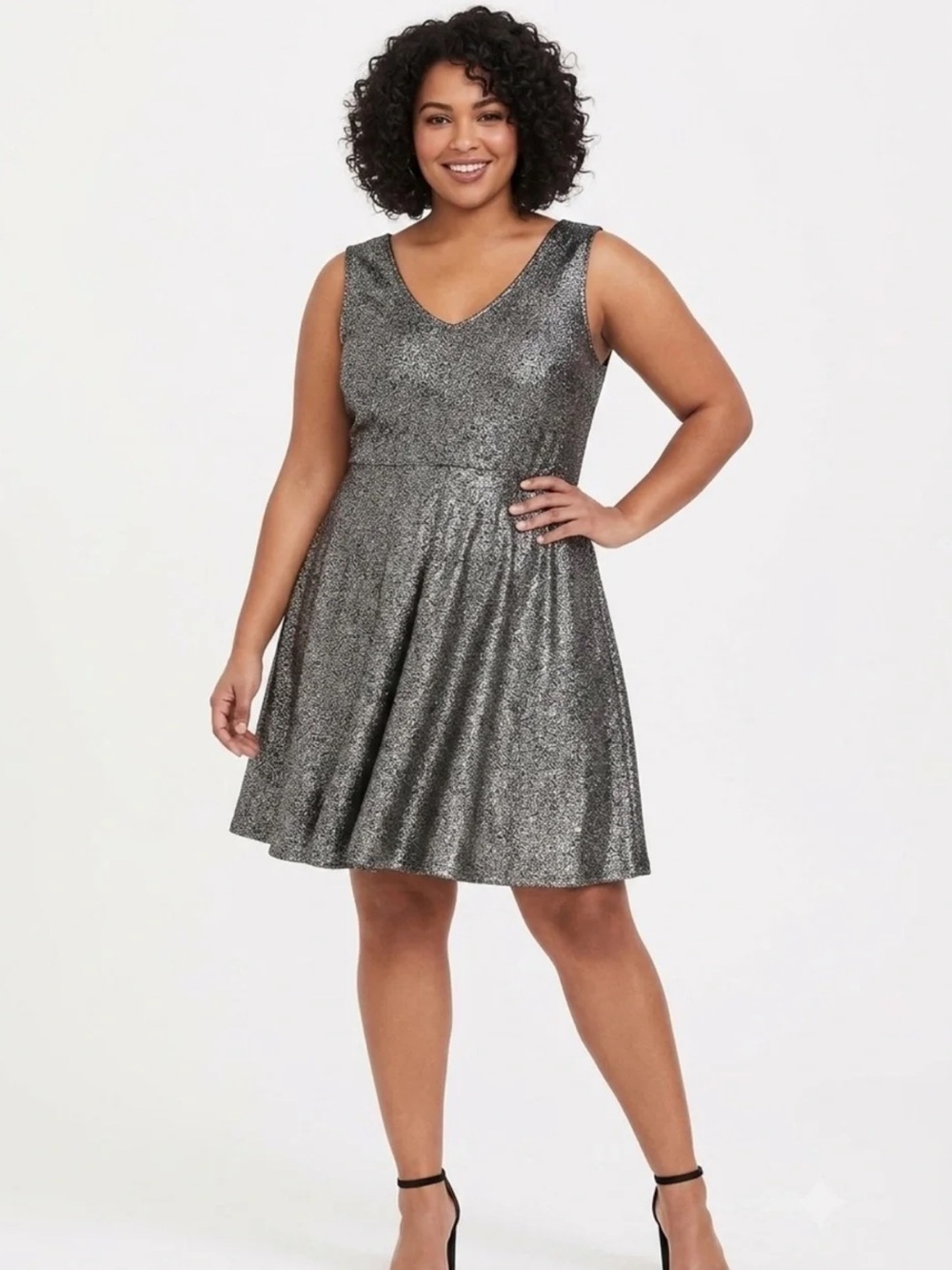 Torrid black/silver metallic sleeveless v-neck stretchy fit and flare dress 1X